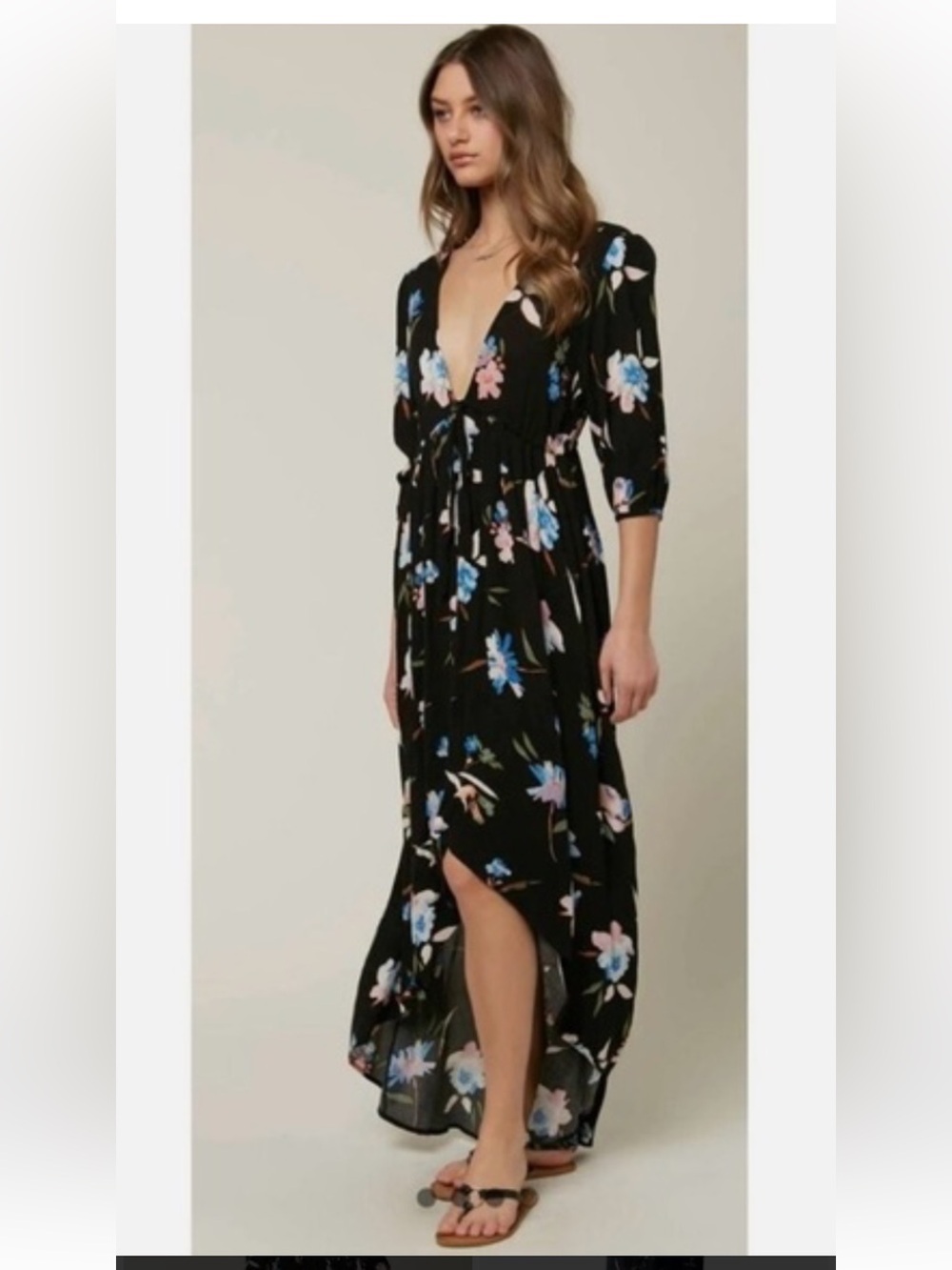 O'Neill Black Maxi Dress with Blue and Pink Floral Print